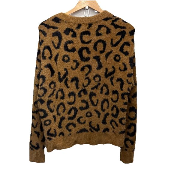 Anthropologie Cloth & Stone Women L Cardigan Sweater Brown Black Fuzzy Cheetah - Picture 2 of 13